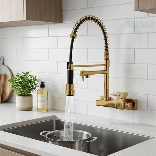 خلاط مطبخ شيف حائطي 2×1 لون ذهبي بمخرجين للمياه Wall Chef