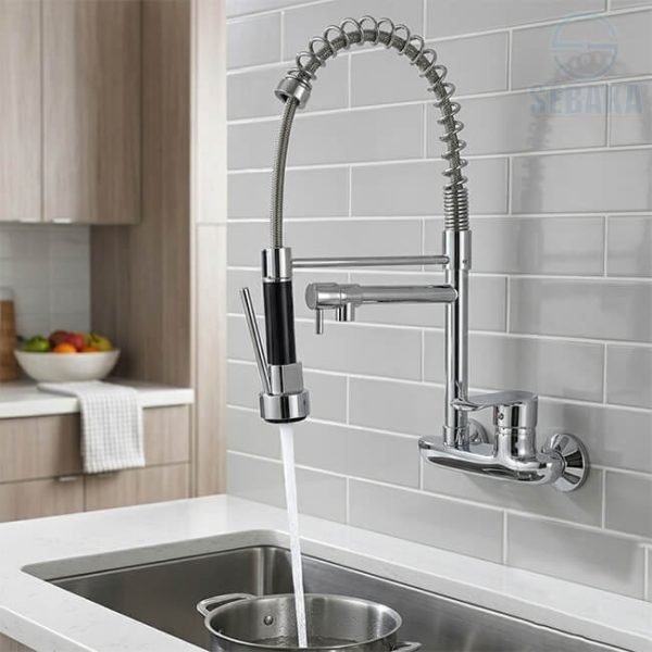 خلاط مطبخ شيف حائطي 2×1 لون فضي بمخرجين للمياه Wall Chef