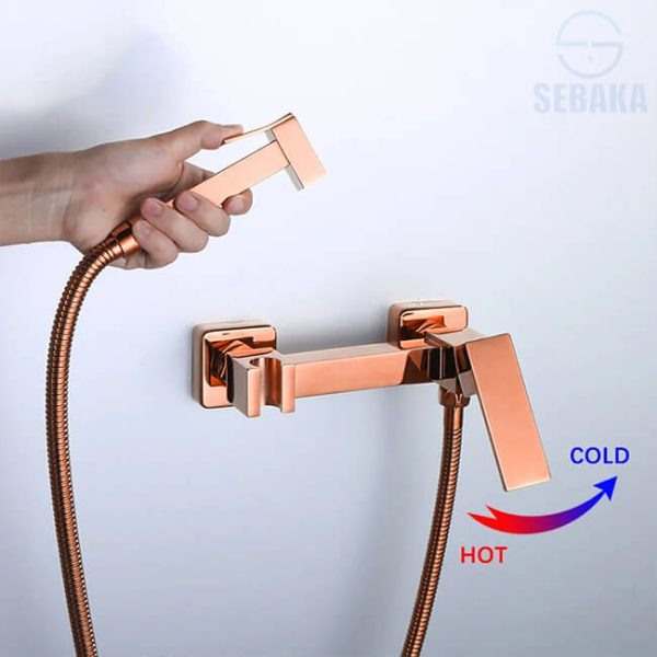 خلاط شطاف روزجولد سكوير هاندميكسر سخن و بارد باليد النحاس و الخرطوم Square RoseGold